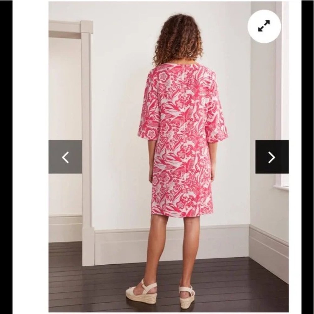 Boden Laurie Linen Dress 14L Lollipop Exotic Escape Semi-Fitted Pockets - Picture 3 of 9